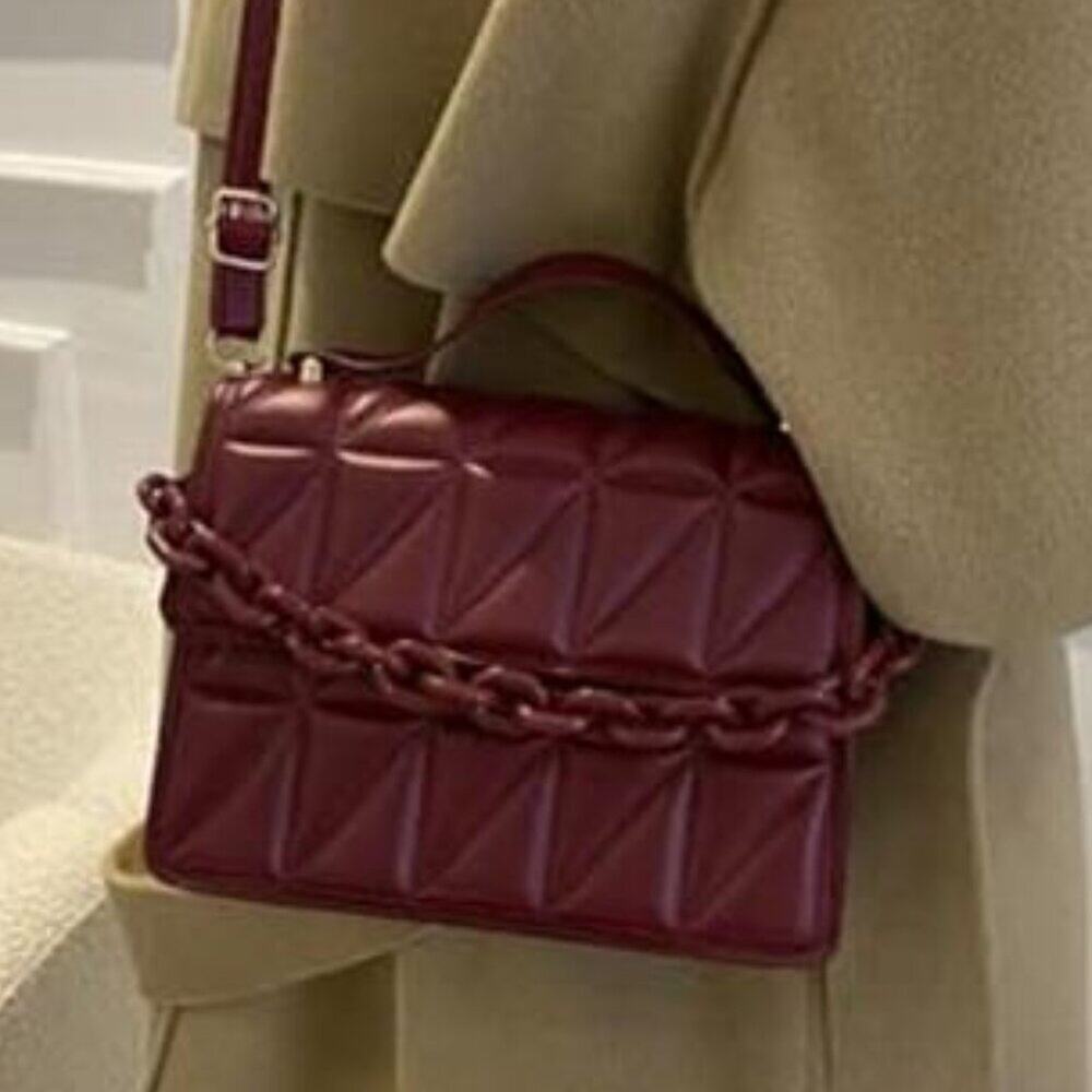 Quilted Dark Red Vegan Leather Square Crossbody Bag Mini Satchel Handbags